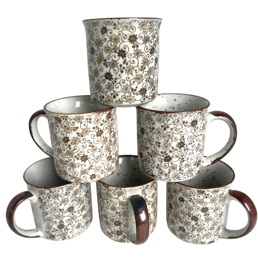 Chintz Calico Ceramic Coffee Mugs 6 Brown & White Earthtone Floral‎ Speckl